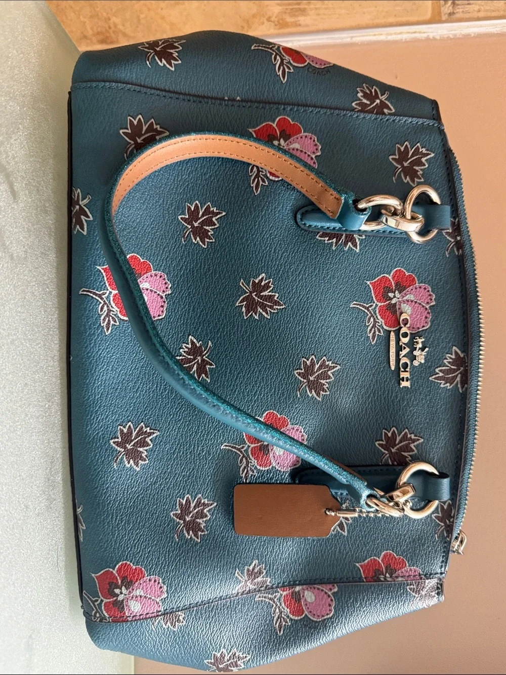Coach Teal Floral Leather Shoulder Bag with Brown Strap Accent - Picture 4 of 10